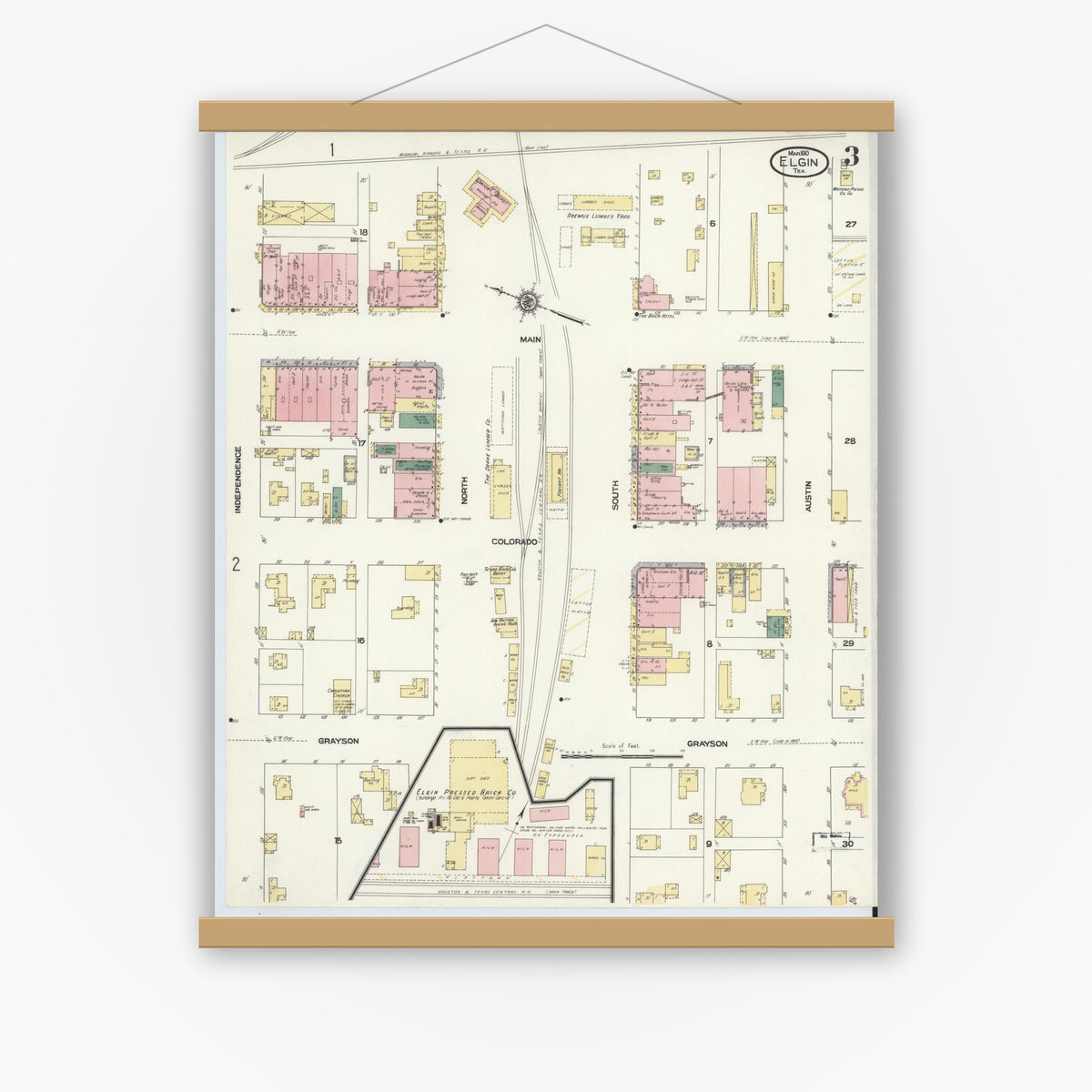 Old map wall art mockup — magnetic wood frame on white wall — Sanborn Fire Insurance Map from Elgin, Bastrop County, Texas (1910), Sheet #0003