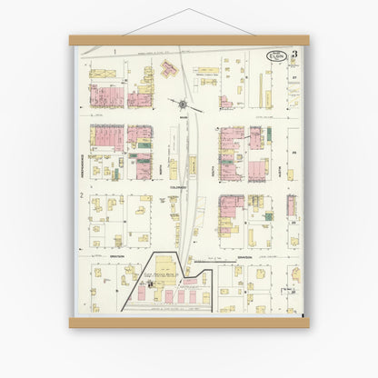 Old map wall art mockup — magnetic wood frame on white wall — Sanborn Fire Insurance Map from Elgin, Bastrop County, Texas (1910), Sheet #0003