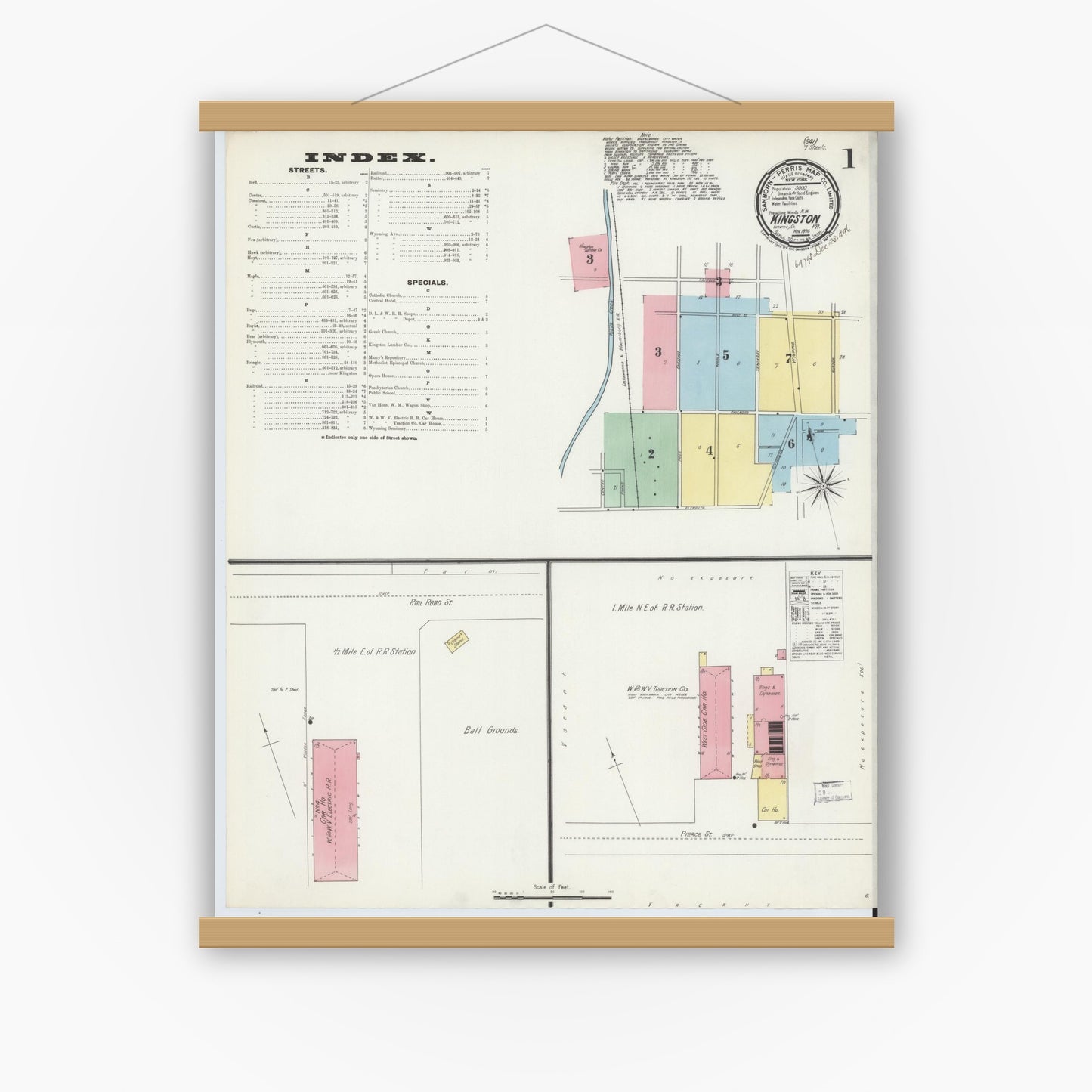 Old map wall art mockup — magnetic wood frame on white wall — Sanborn Fire Insurance Map from Kingston, Luzerne County, Pennsylvania (1896) - Complete Map Set