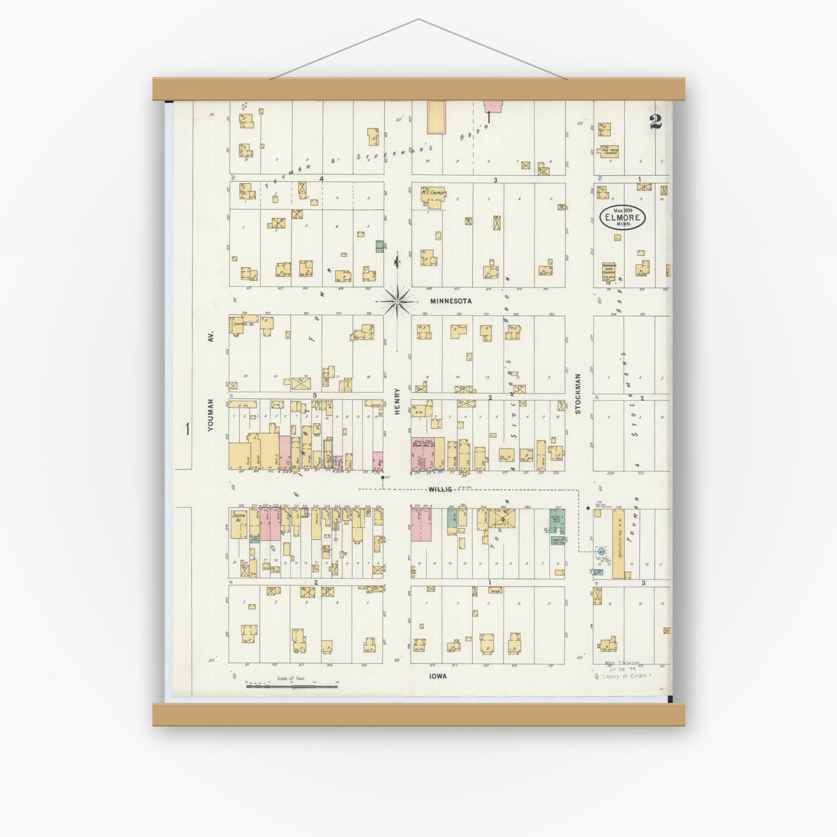 Old map wall art mockup — magnetic wood frame on white wall — Sanborn Fire Insurance Map from Elmore, Faribault County, Minnesota (1899), Sheet #0002