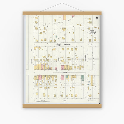 Old map wall art mockup — magnetic wood frame on white wall — Sanborn Fire Insurance Map from Elmore, Faribault County, Minnesota (1899), Sheet #0002