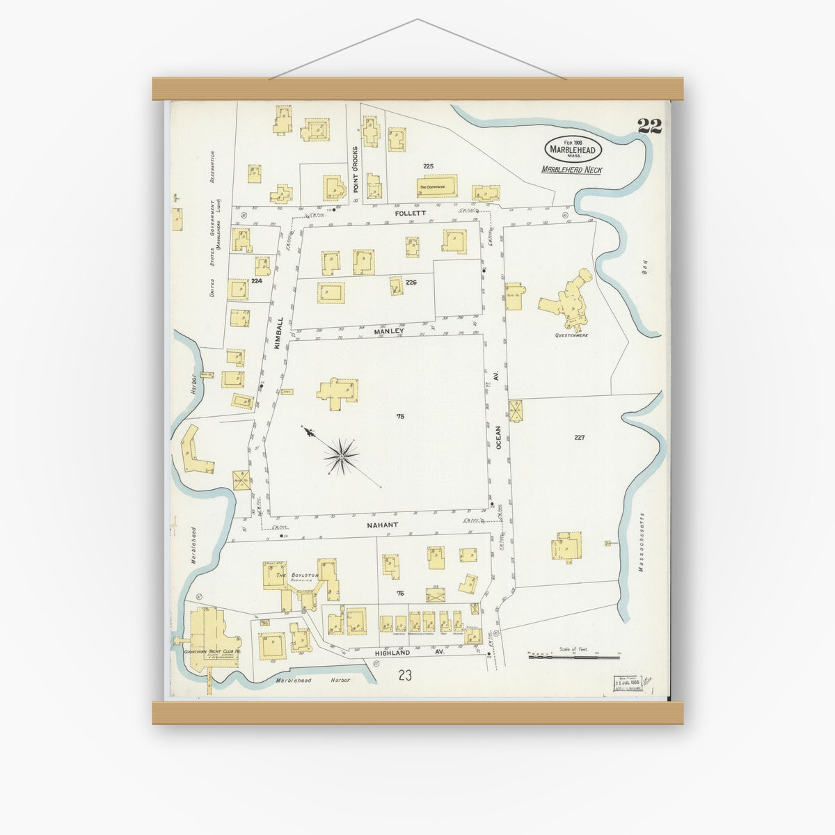 Old map wall art mockup — magnetic wood frame on white wall — Sanborn Fire Insurance Map from Marblehead, Essex County, Massachusetts (1908), Sheet #0022