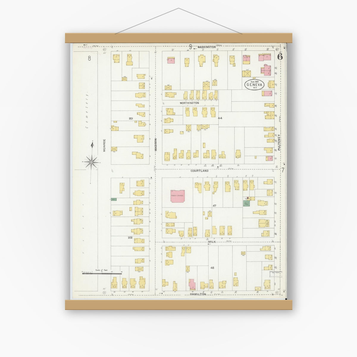 Old map wall art mockup — magnetic wood frame on white wall — Sanborn Fire Insurance Map from Geneva, Ontario County, New York (1903), Sheet #0006