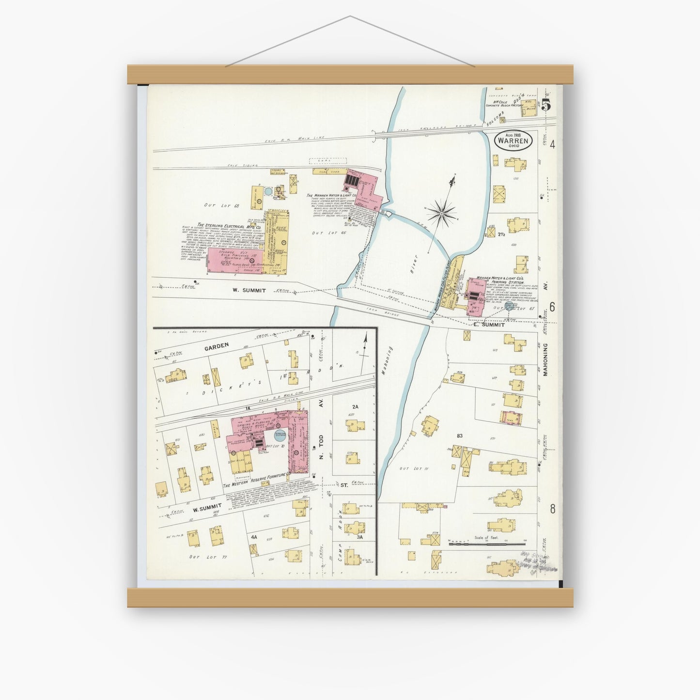 Old map wall art mockup — magnetic wood frame on white wall — Sanborn Fire Insurance Map from Warren, Trumbull County, Ohio (1908), Sheet #0005