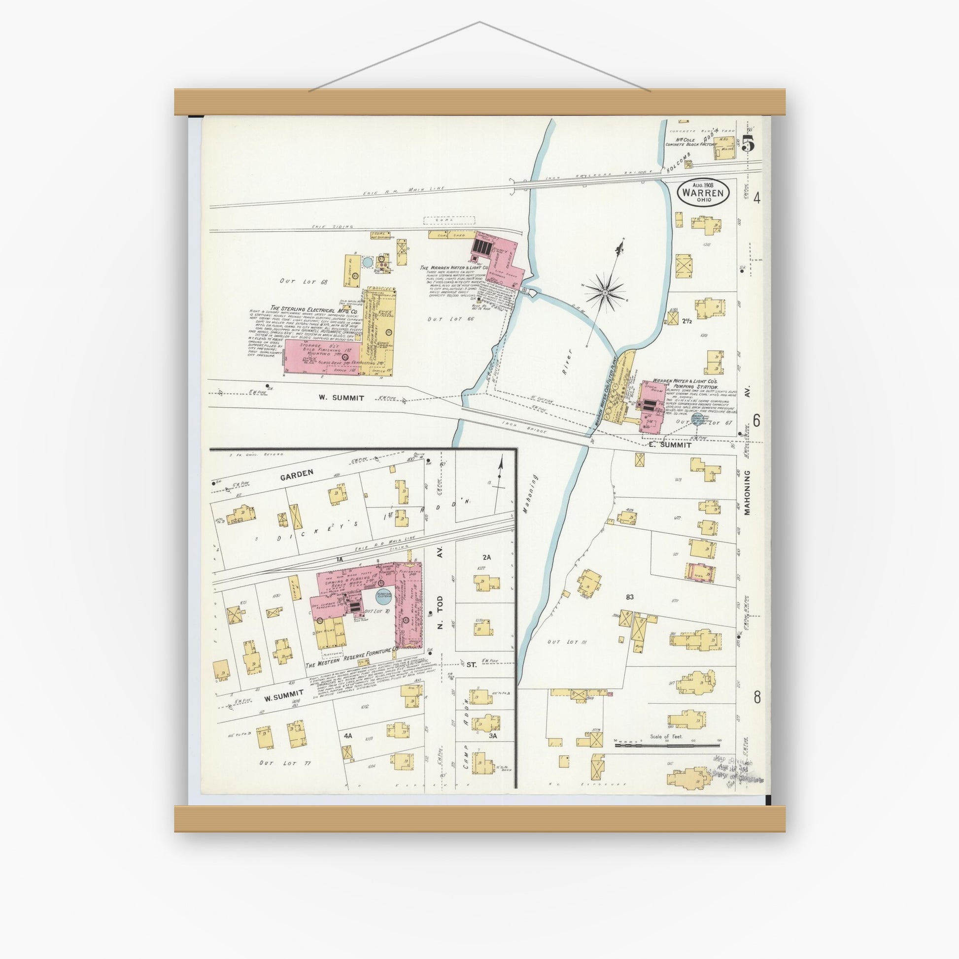 Old map wall art mockup — magnetic wood frame on white wall — Sanborn Fire Insurance Map from Warren, Trumbull County, Ohio (1908), Sheet #0005