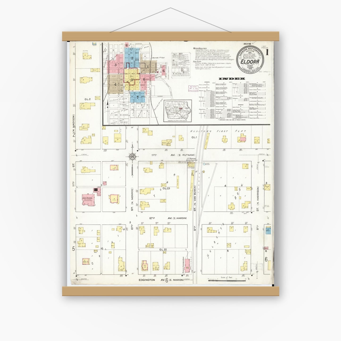 Old map wall art mockup — magnetic wood frame on white wall — Sanborn Fire Insurance Map from Eldora, Hardin County, Iowa (1915) â€” Complete Set