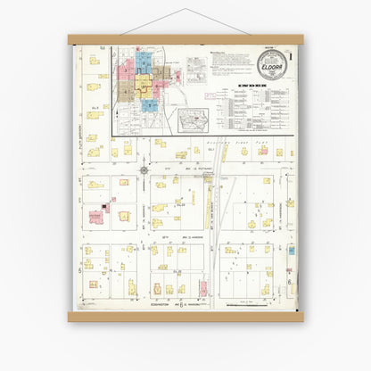 Old map wall art mockup — magnetic wood frame on white wall — Sanborn Fire Insurance Map from Eldora, Hardin County, Iowa (1915) â€” Complete Set