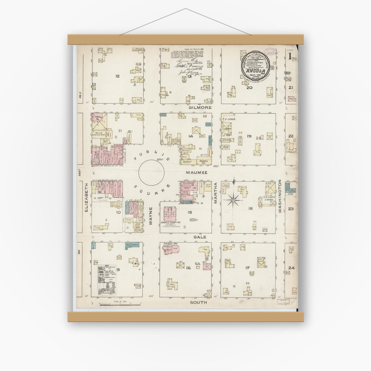 Old map wall art mockup — magnetic wood frame on white wall — Sanborn Fire Insurance Map from Angola, Steuben County, Indiana (1886), Sheet #0001