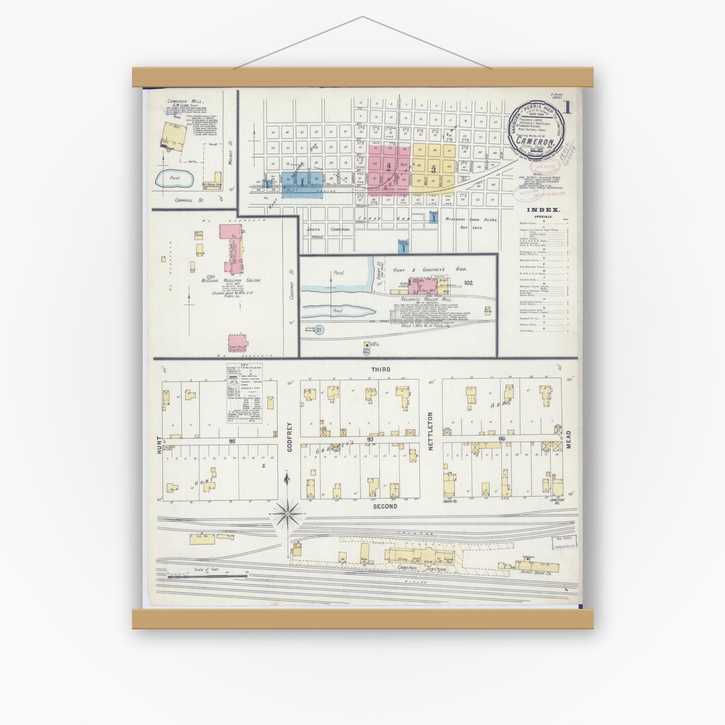 Old map wall art mockup — magnetic wood frame on white wall — Sanborn Fire Insurance Map from Cameron, Clinton County, Missouri (1897) - Complete Map Set
