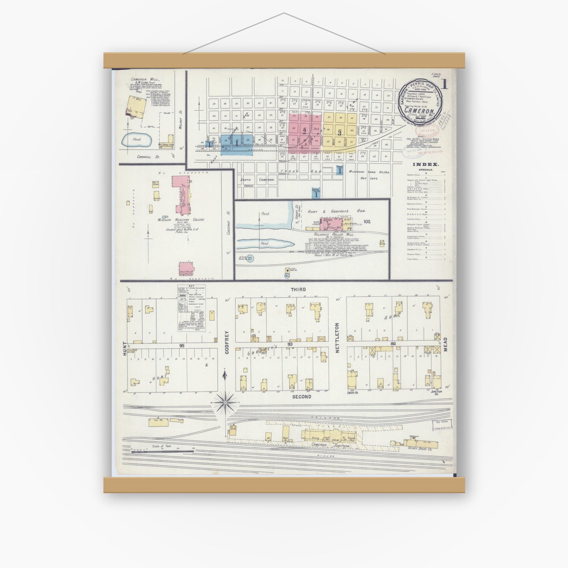 Old map wall art mockup — magnetic wood frame on white wall — Sanborn Fire Insurance Map from Cameron, Clinton County, Missouri (1897) - Complete Map Set