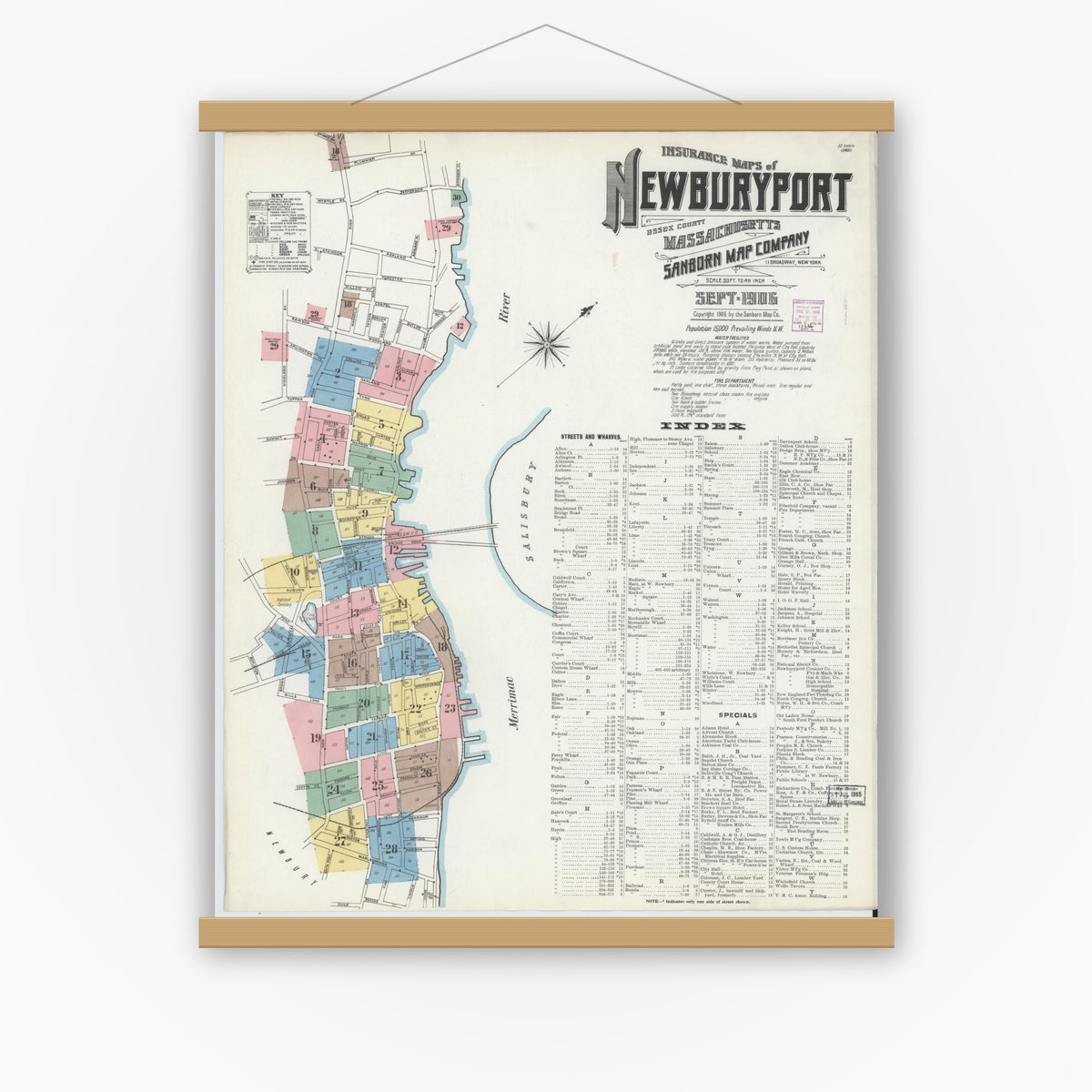 Old map wall art mockup — magnetic wood frame on white wall — Sanborn Fire Insurance Map from Newburyport, Essex County, Massachusetts (1906) - Complete Map Set