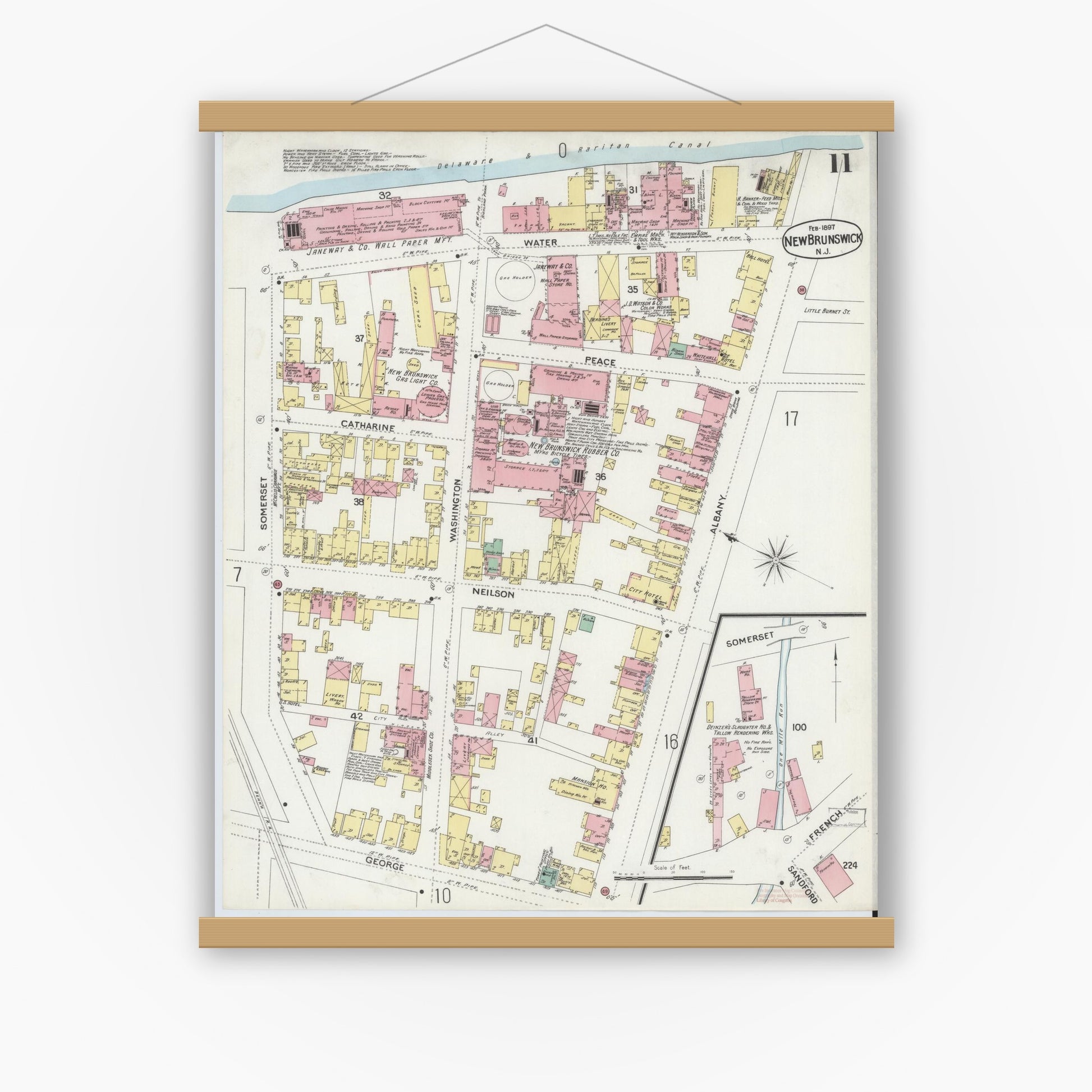Old map wall art mockup — magnetic wood frame on white wall — Sanborn Fire Insurance Map from New Brunswick, Middlesex County, New Jersey (1897), Sheet #0011