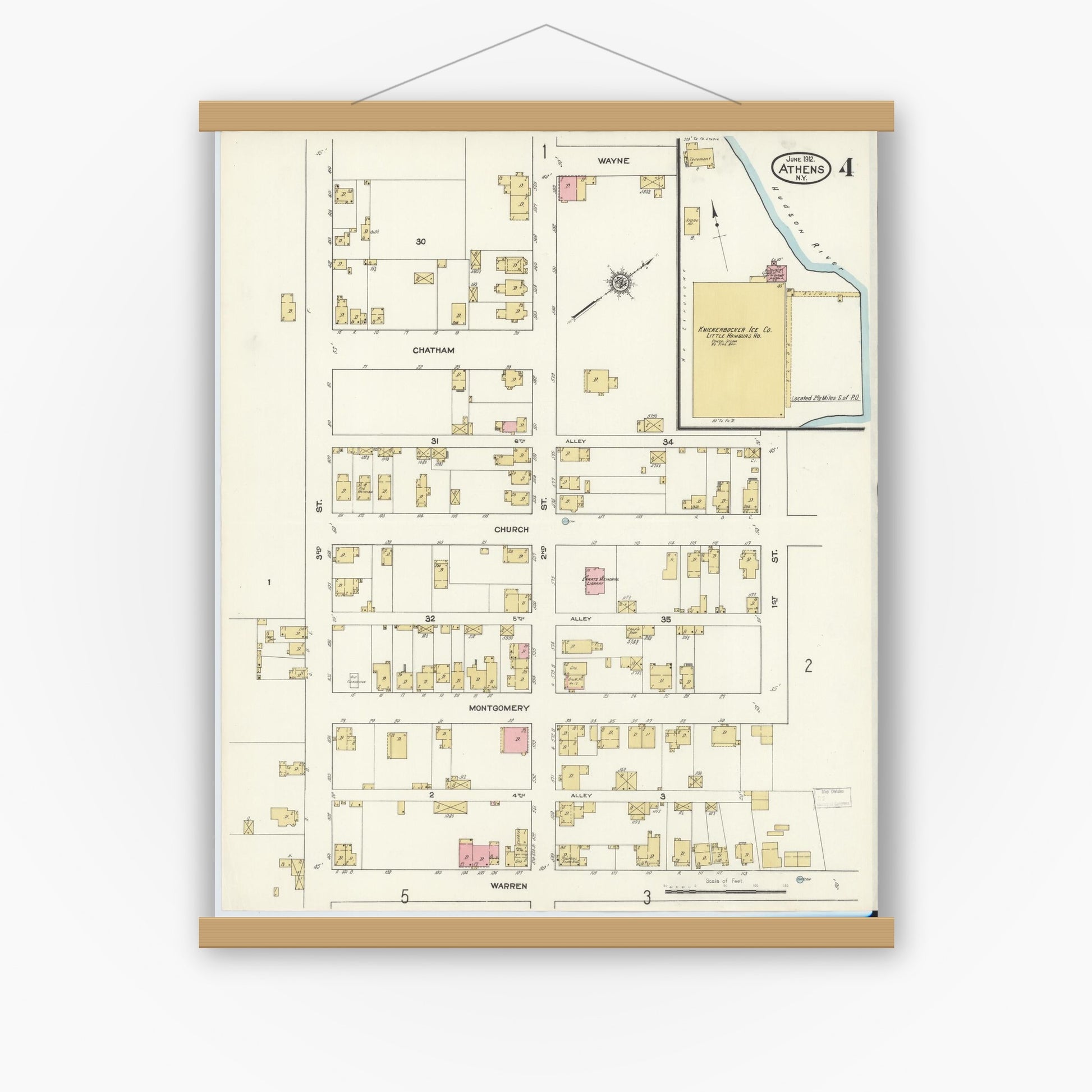 Old map wall art mockup — magnetic wood frame on white wall — Sanborn Fire Insurance Map from Athens, Greene County, New York (1912), Sheet #0004
