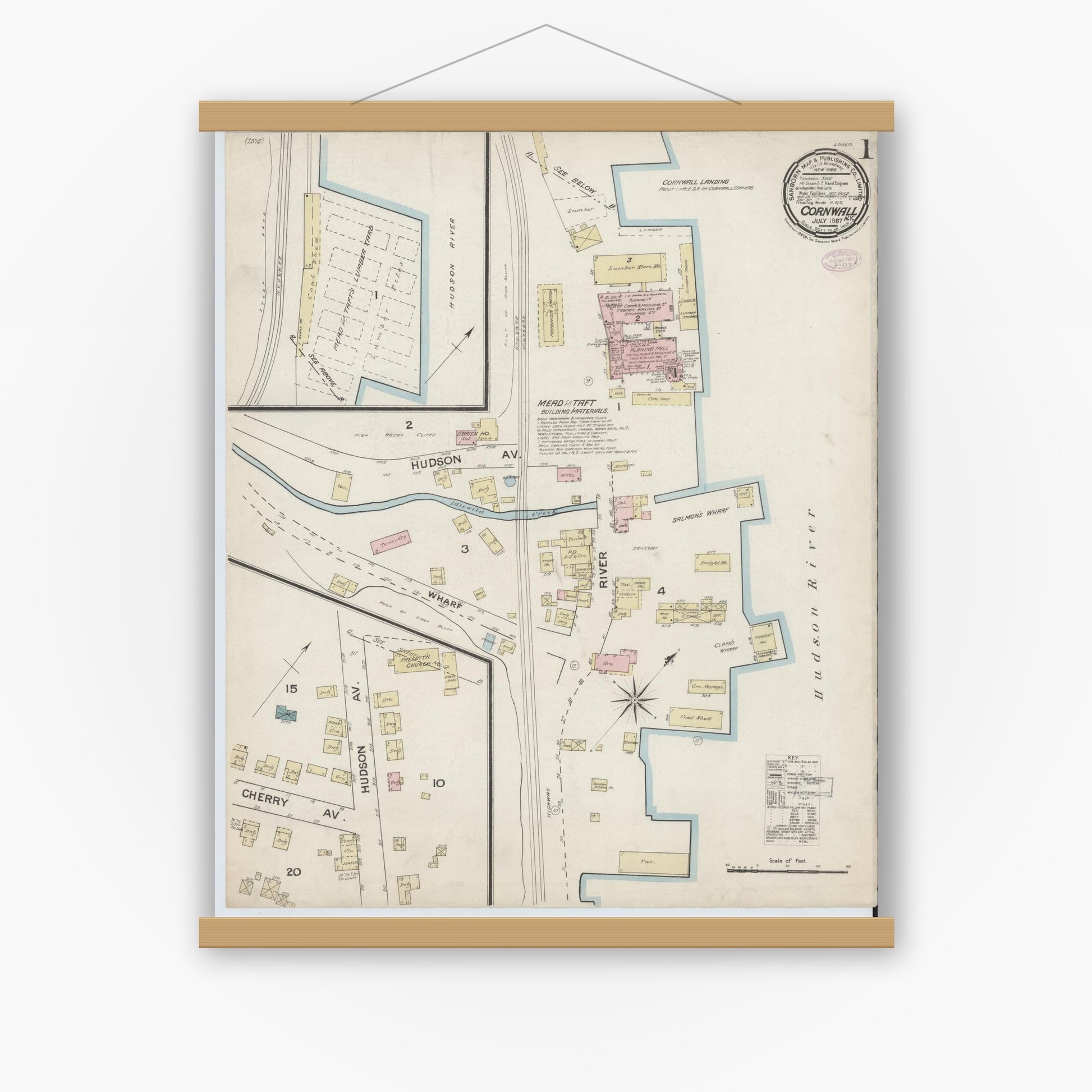 Old map wall art mockup — magnetic wood frame on white wall — Sanborn Fire Insurance Map from Cornwall, Orange County, New York (1887) - Complete Map Set
