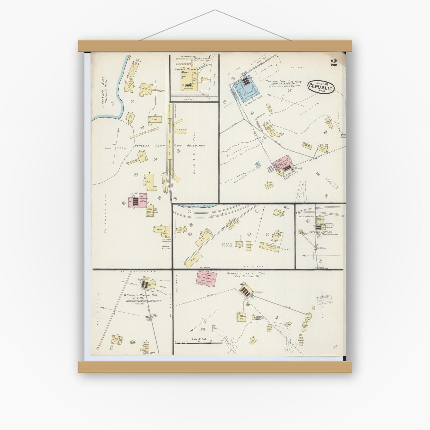 Old map wall art mockup — magnetic wood frame on white wall — Sanborn Fire Insurance Map from Republic, Marquette County, Michigan (1888), Sheet #0002