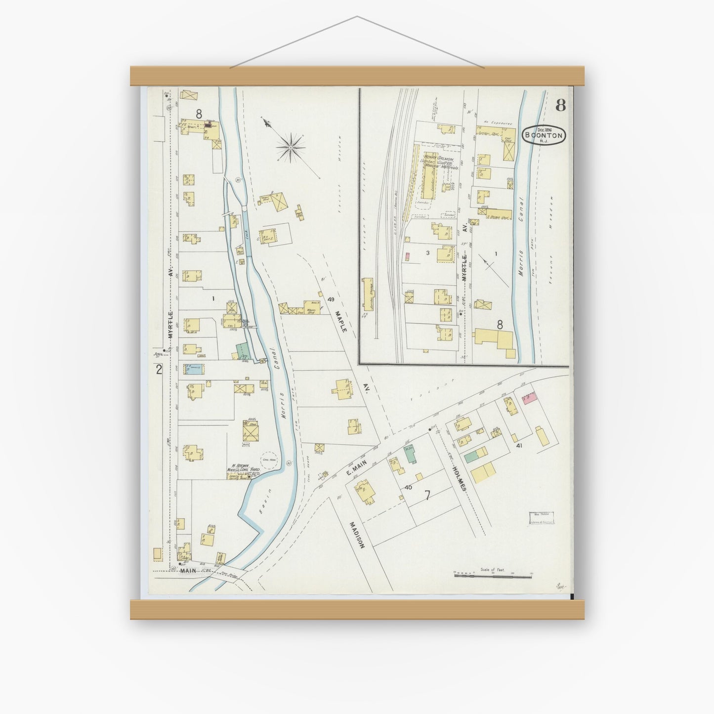Old map wall art mockup — magnetic wood frame on white wall — Sanborn Fire Insurance Map from Boonton, Morris County, New Jersey (1896), Sheet #0008