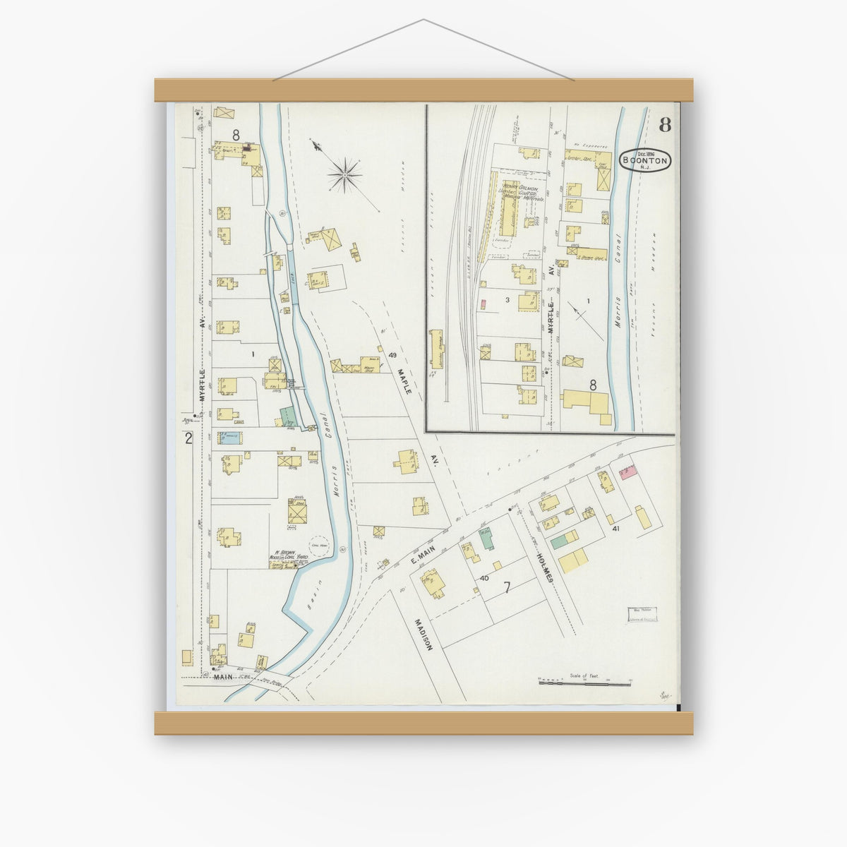 Old map wall art mockup — magnetic wood frame on white wall — Sanborn Fire Insurance Map from Boonton, Morris County, New Jersey (1896), Sheet #0008