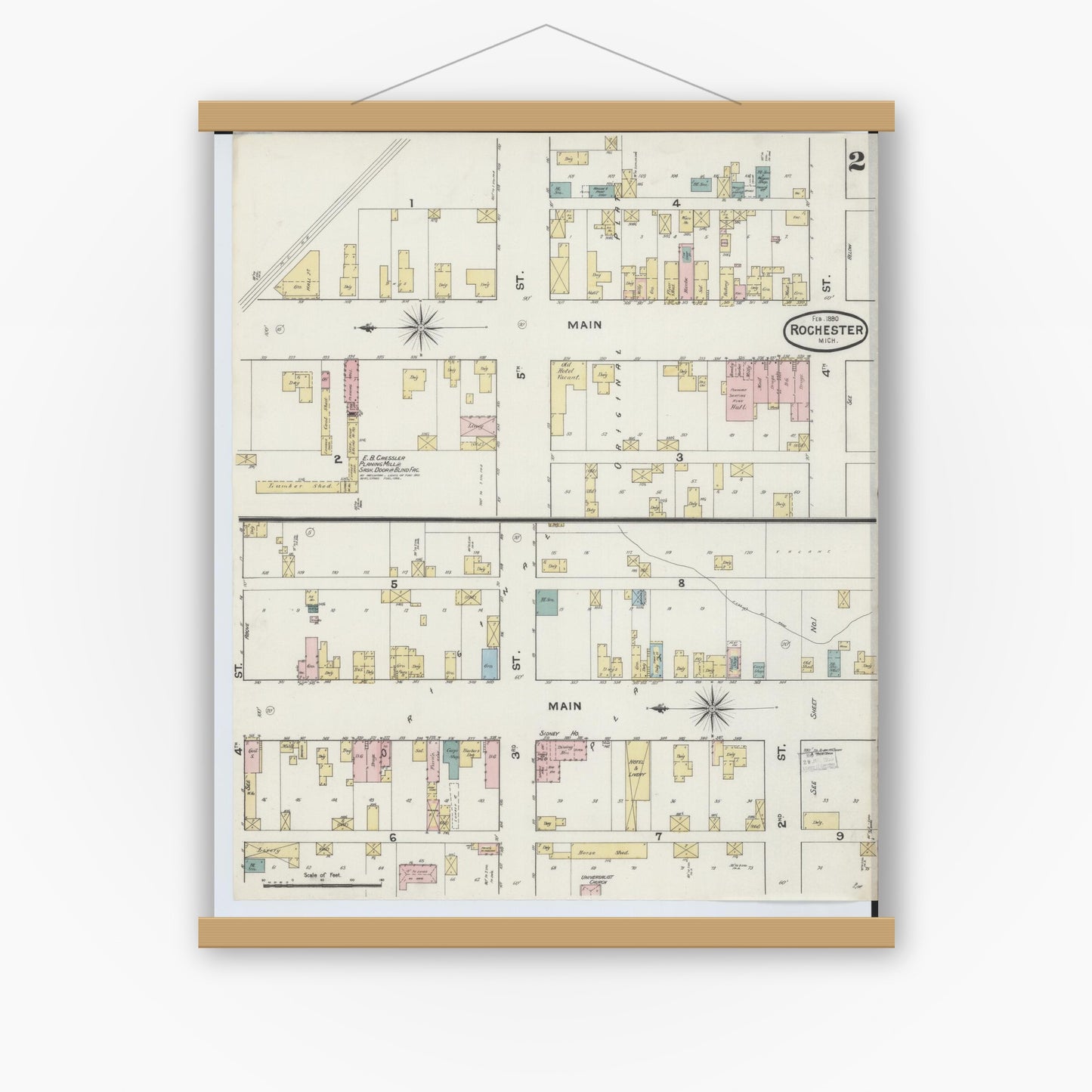 Old map wall art mockup — magnetic wood frame on white wall — Sanborn Fire Insurance Map from Rochester, Oakland County, Michigan (1890), Sheet #0002