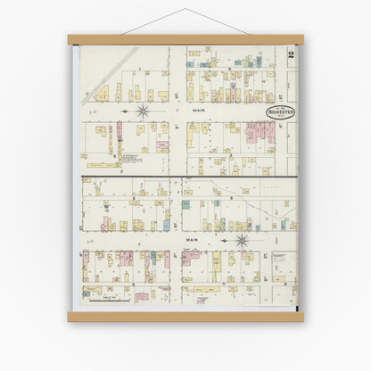 Old map wall art mockup — magnetic wood frame on white wall — Sanborn Fire Insurance Map from Rochester, Oakland County, Michigan (1890), Sheet #0002