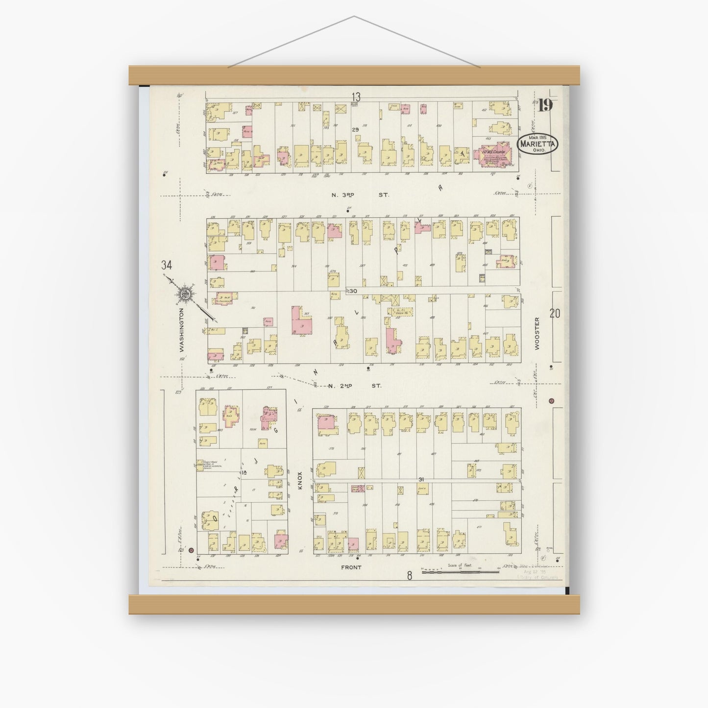 Old map wall art mockup — magnetic wood frame on white wall — Sanborn Fire Insurance Map from Marietta, Washington County, Ohio (1915), Sheet #0019