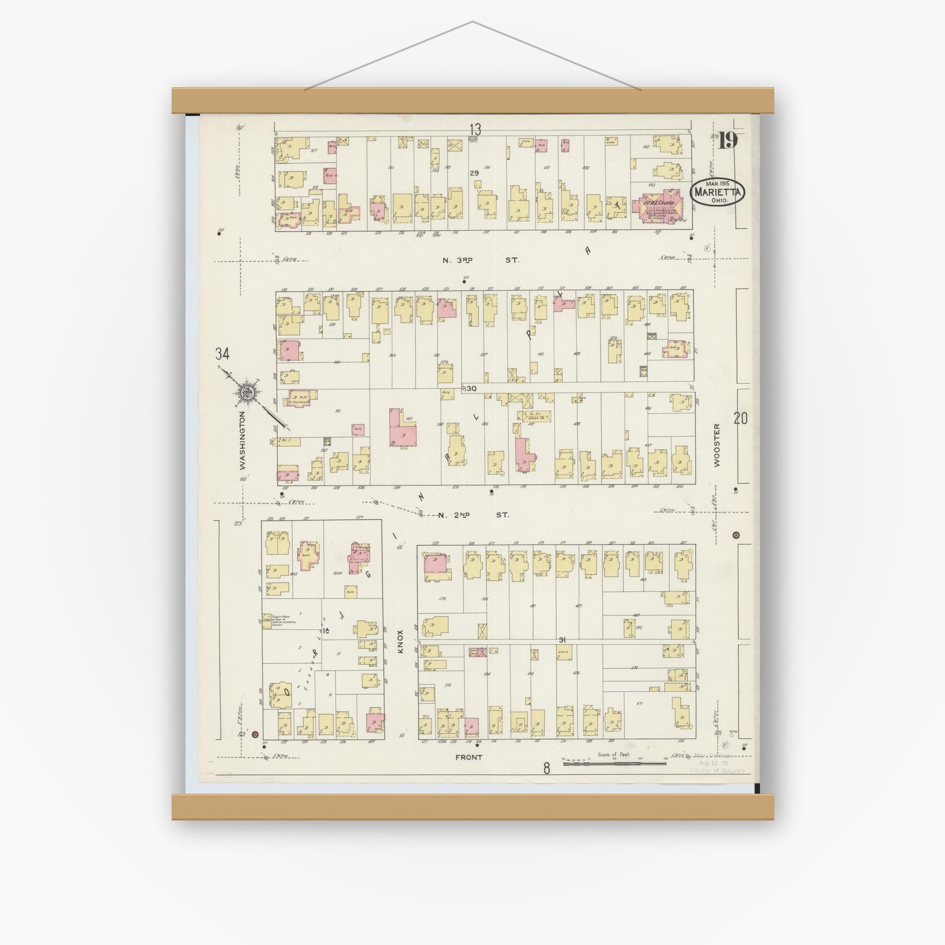 Old map wall art mockup — magnetic wood frame on white wall — Sanborn Fire Insurance Map from Marietta, Washington County, Ohio (1915), Sheet #0019