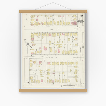 Old map wall art mockup — magnetic wood frame on white wall — Sanborn Fire Insurance Map from Marietta, Washington County, Ohio (1915), Sheet #0019