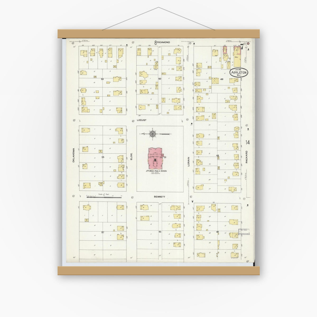 Old map wall art mockup — magnetic wood frame on white wall — Sanborn Fire Insurance Map from Appleton, Outagamie County, Wisconsin (1911), Sheet #0007