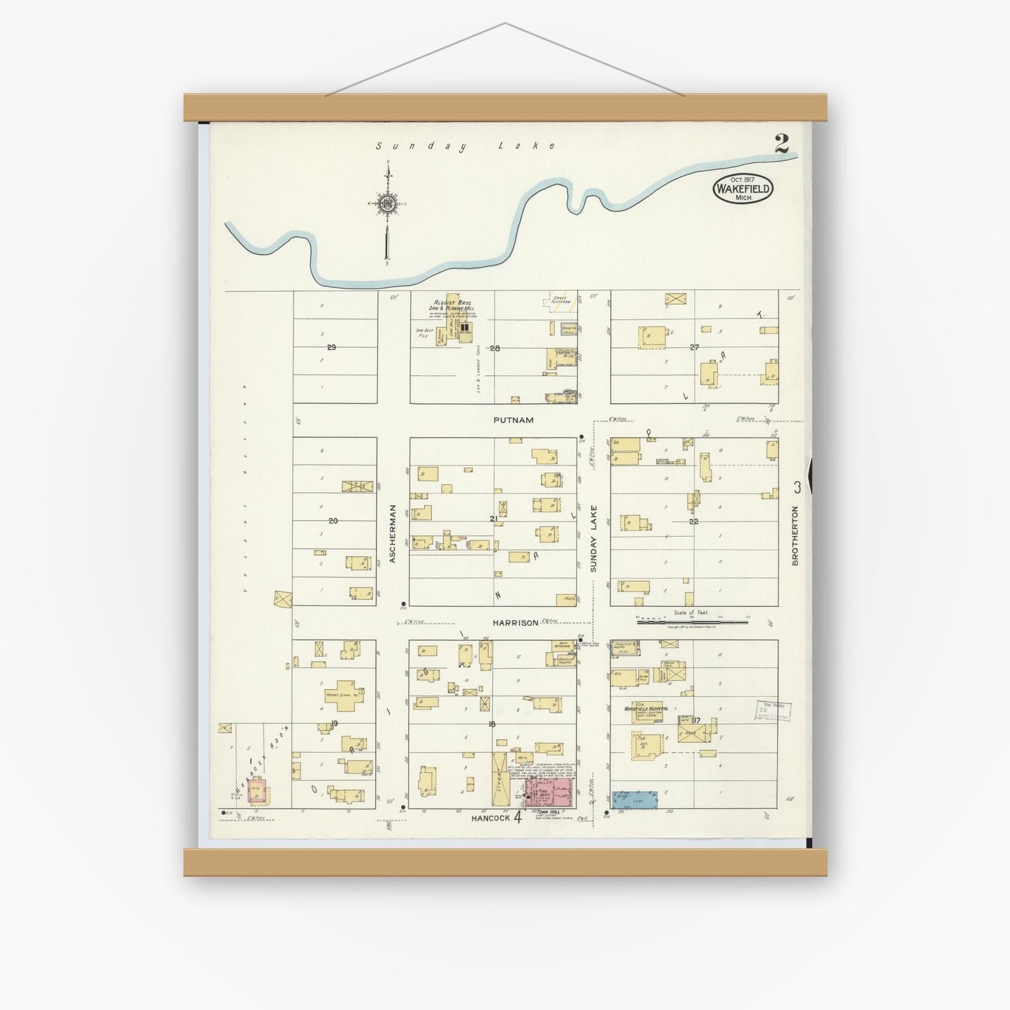 Old map wall art mockup — magnetic wood frame on white wall — Sanborn Fire Insurance Map from Wakefield, Gogebic County, Michigan (1917), Sheet #0002