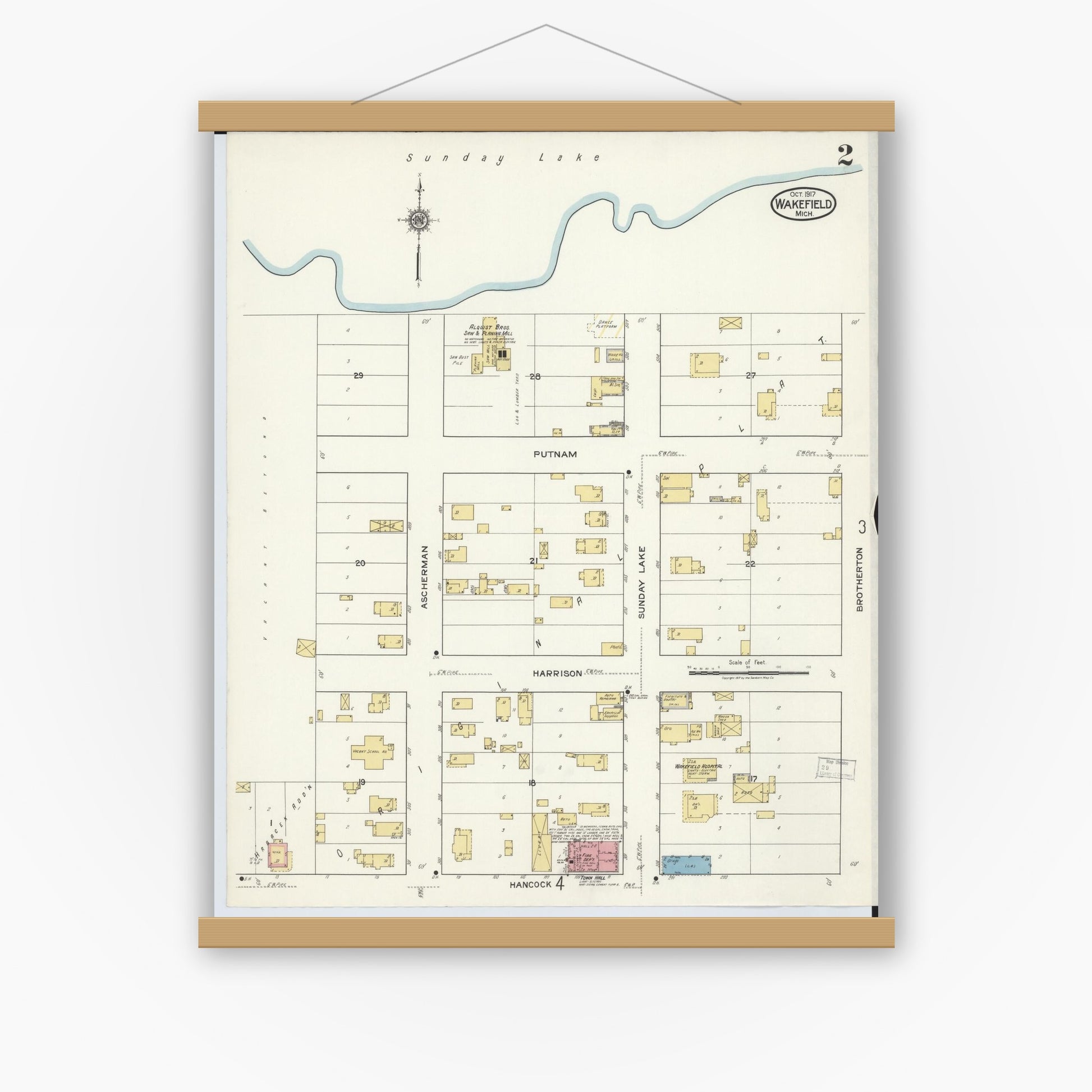 Old map wall art mockup — magnetic wood frame on white wall — Sanborn Fire Insurance Map from Wakefield, Gogebic County, Michigan (1917), Sheet #0002