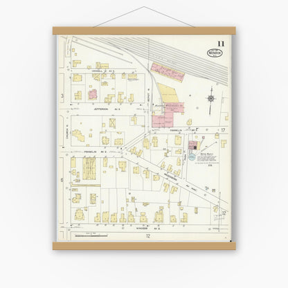 Old map wall art mockup — magnetic wood frame on white wall — Sanborn Fire Insurance Map from Monroe, Union County, North Carolina (1914), Sheet #0011