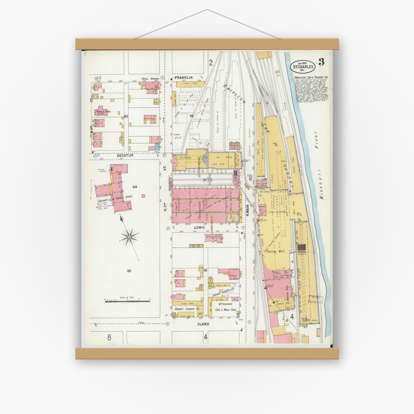 Old map wall art mockup — magnetic wood frame on white wall — Sanborn Fire Insurance Map from Saint Charles, Saint Charles County, Missouri (1900), Sheet #0003