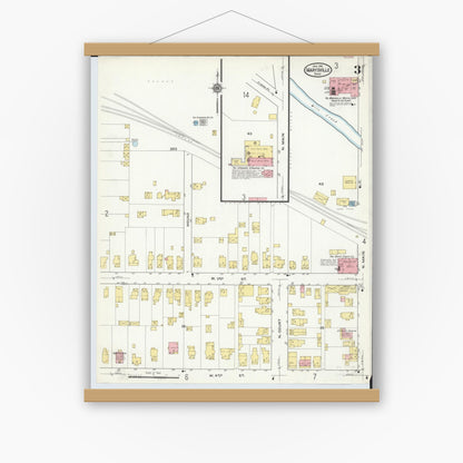 Old map wall art mockup — magnetic wood frame on white wall — Sanborn Fire Insurance Map from Marysville, Union County, Ohio (1916), Sheet #0003