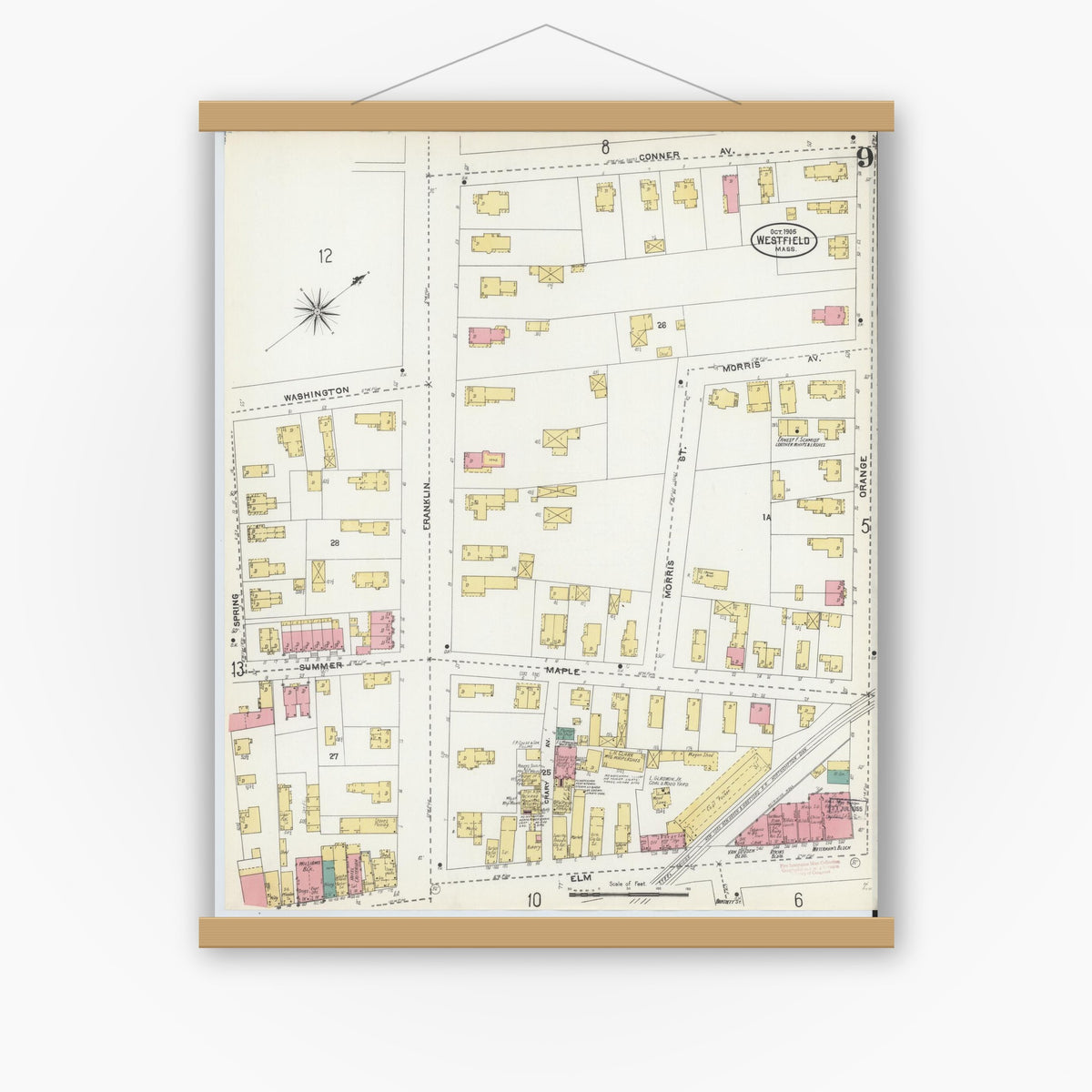 Old map wall art mockup — magnetic wood frame on white wall — Sanborn Fire Insurance Map from Westfield, Hampden County, Massachusetts (1905), Sheet #0009