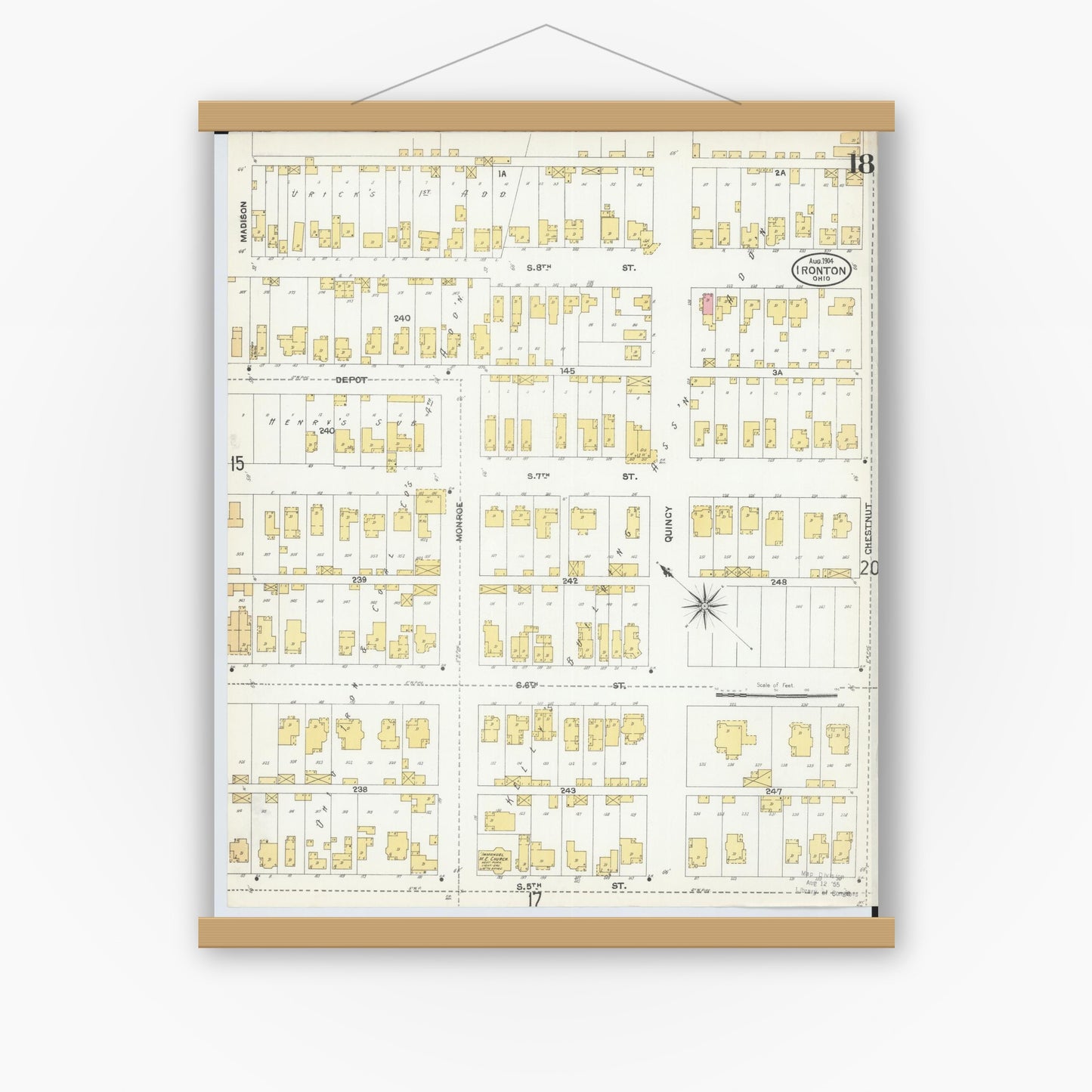Old map wall art mockup — magnetic wood frame on white wall — Sanborn Fire Insurance Map from Ironton, Lawrence County, Ohio (1904), Sheet #0018