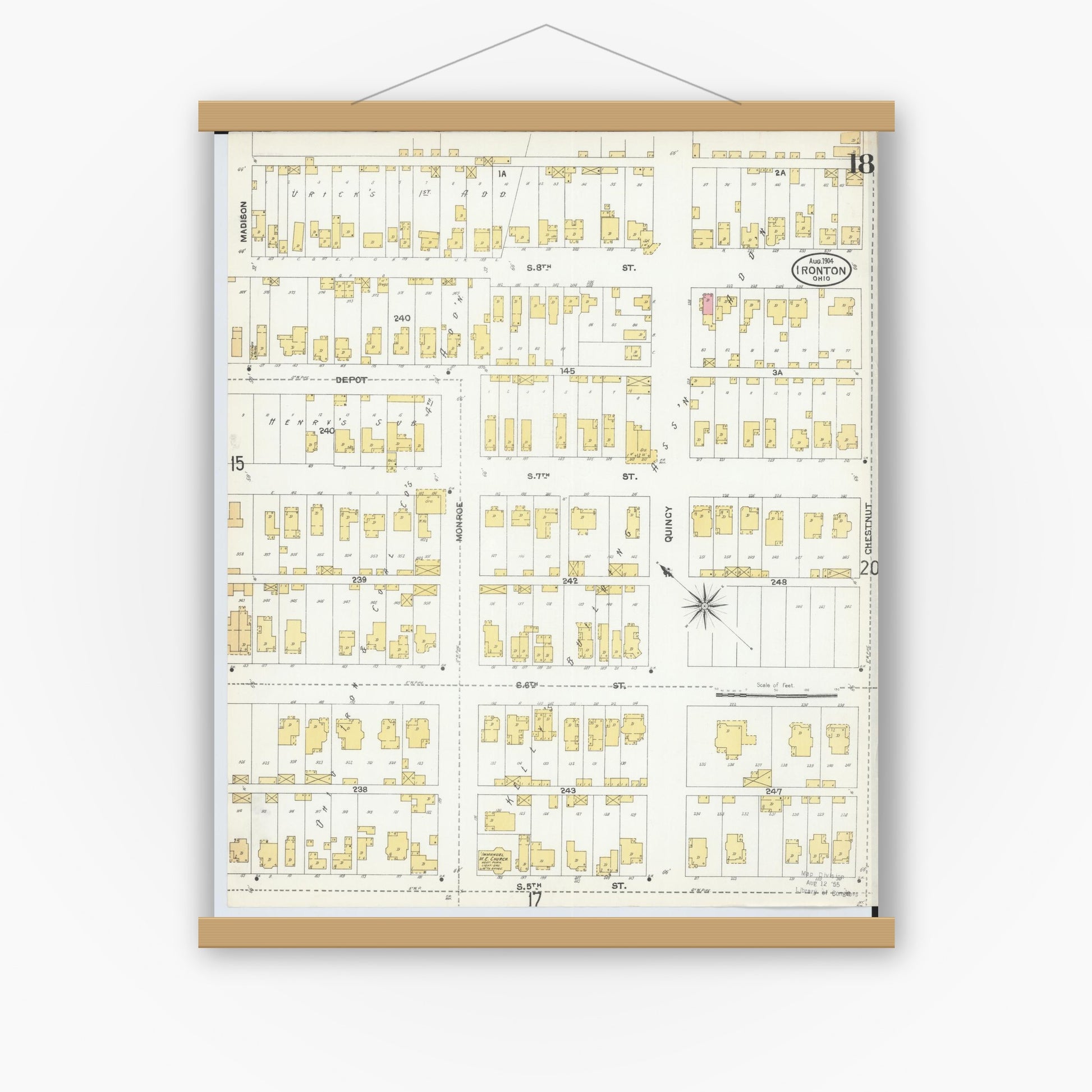 Old map wall art mockup — magnetic wood frame on white wall — Sanborn Fire Insurance Map from Ironton, Lawrence County, Ohio (1904), Sheet #0018