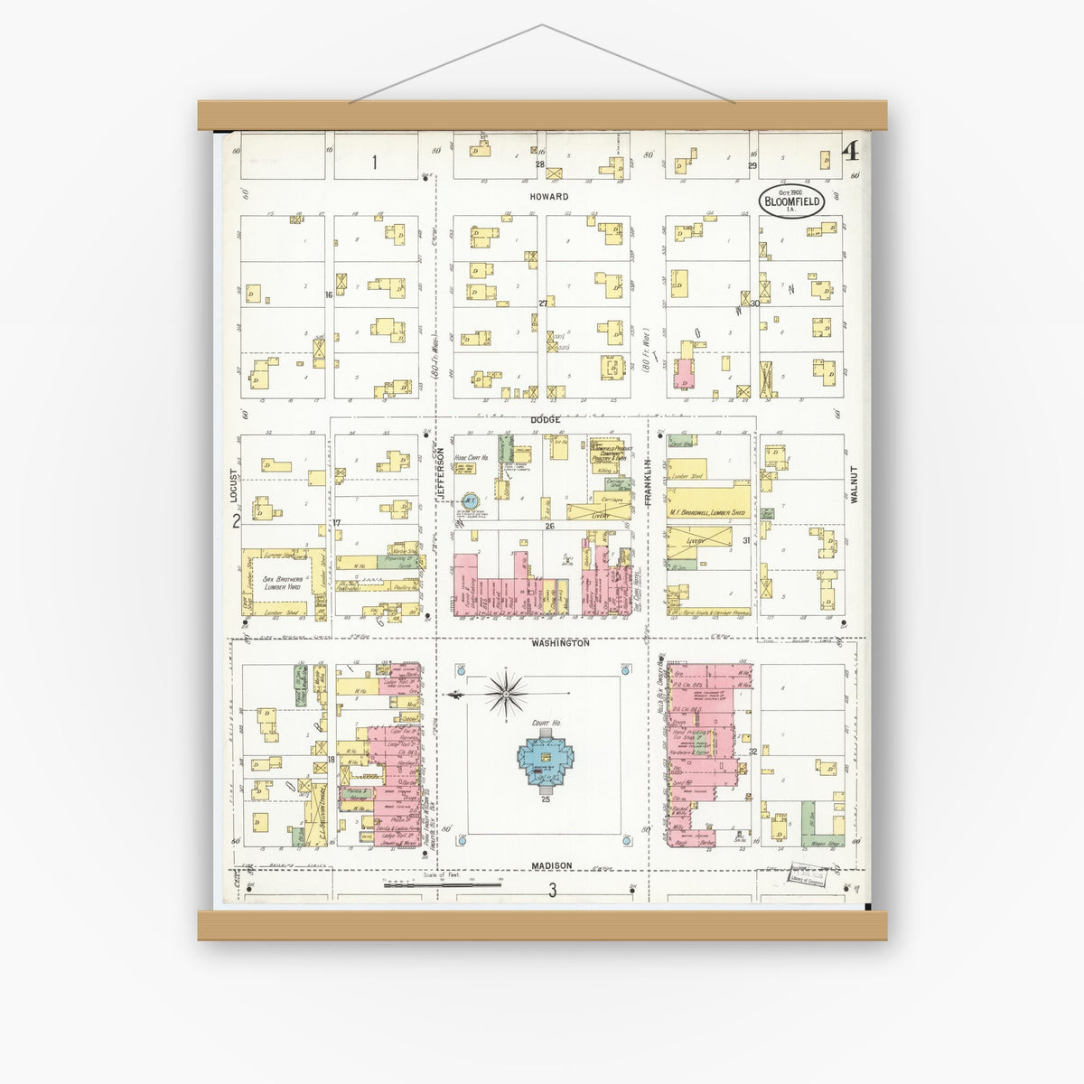 Old map wall art mockup — magnetic wood frame on white wall — Sanborn Fire Insurance Map from Bloomfield, Davis County, Iowa (1900), Sheet #0004
