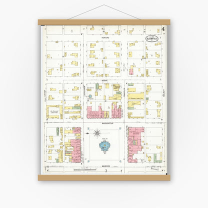 Old map wall art mockup — magnetic wood frame on white wall — Sanborn Fire Insurance Map from Bloomfield, Davis County, Iowa (1900), Sheet #0004