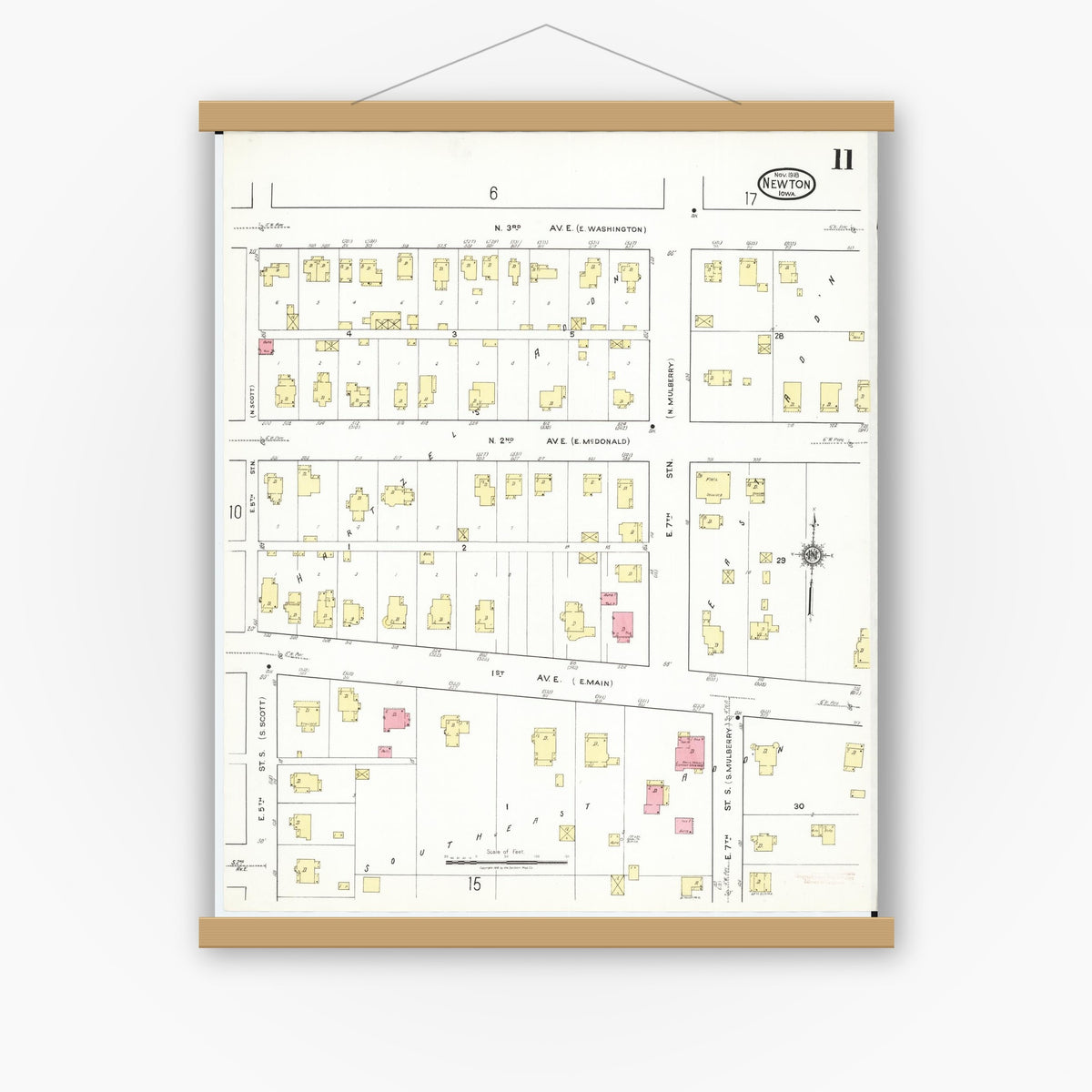 Old map wall art mockup — magnetic wood frame on white wall — Sanborn Fire Insurance Map from Newton, Jasper County, Iowa (1918), Sheet #0011