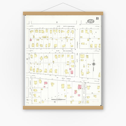 Old map wall art mockup — magnetic wood frame on white wall — Sanborn Fire Insurance Map from Newton, Jasper County, Iowa (1918), Sheet #0011
