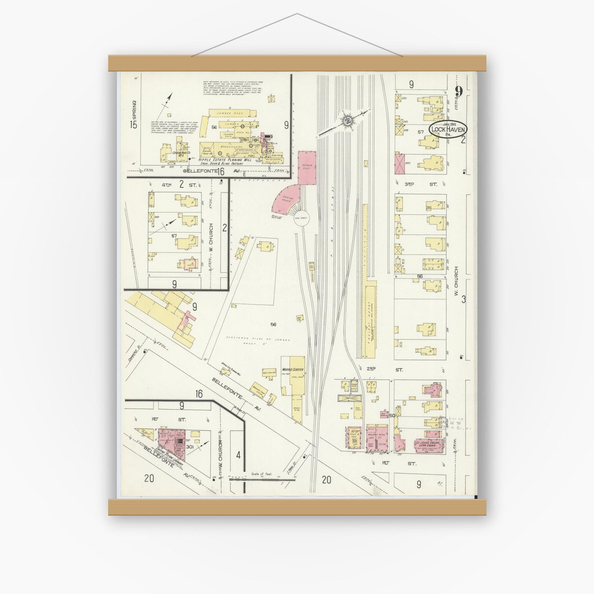 Old map wall art mockup — magnetic wood frame on white wall — Sanborn Fire Insurance Map from Lock Haven, Clinton County, Pennsylvania (1914), Sheet #0009