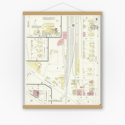 Old map wall art mockup — magnetic wood frame on white wall — Sanborn Fire Insurance Map from Lock Haven, Clinton County, Pennsylvania (1914), Sheet #0009