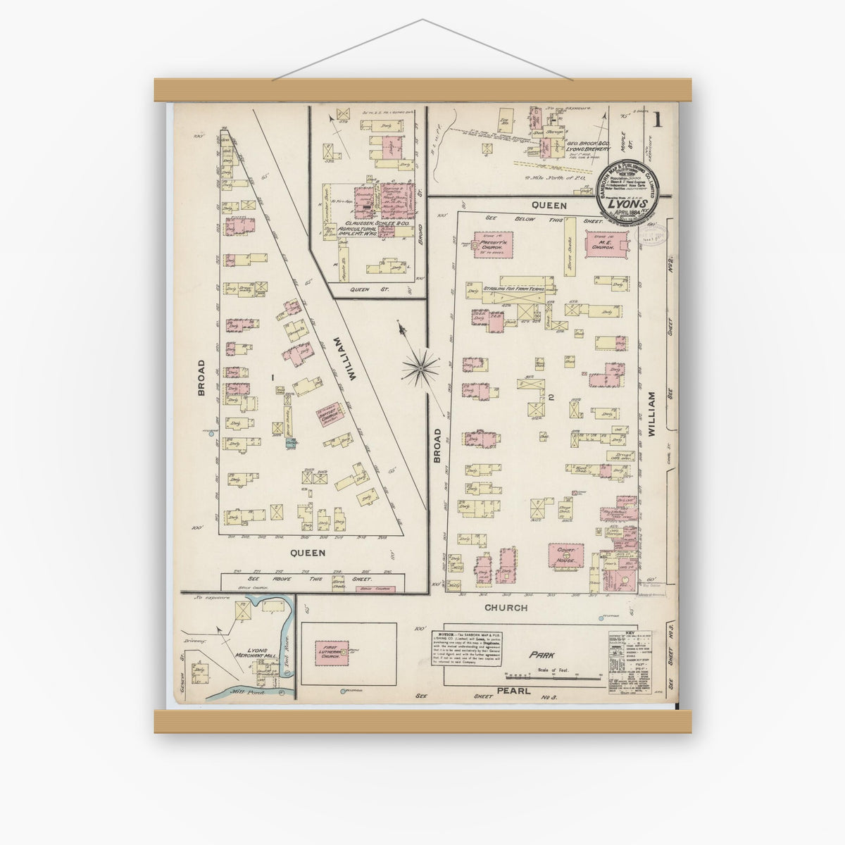 Old map wall art mockup — magnetic wood frame on white wall — Sanborn Fire Insurance Map from Lyons, Wayne County, New York (1884) - Complete Map Set