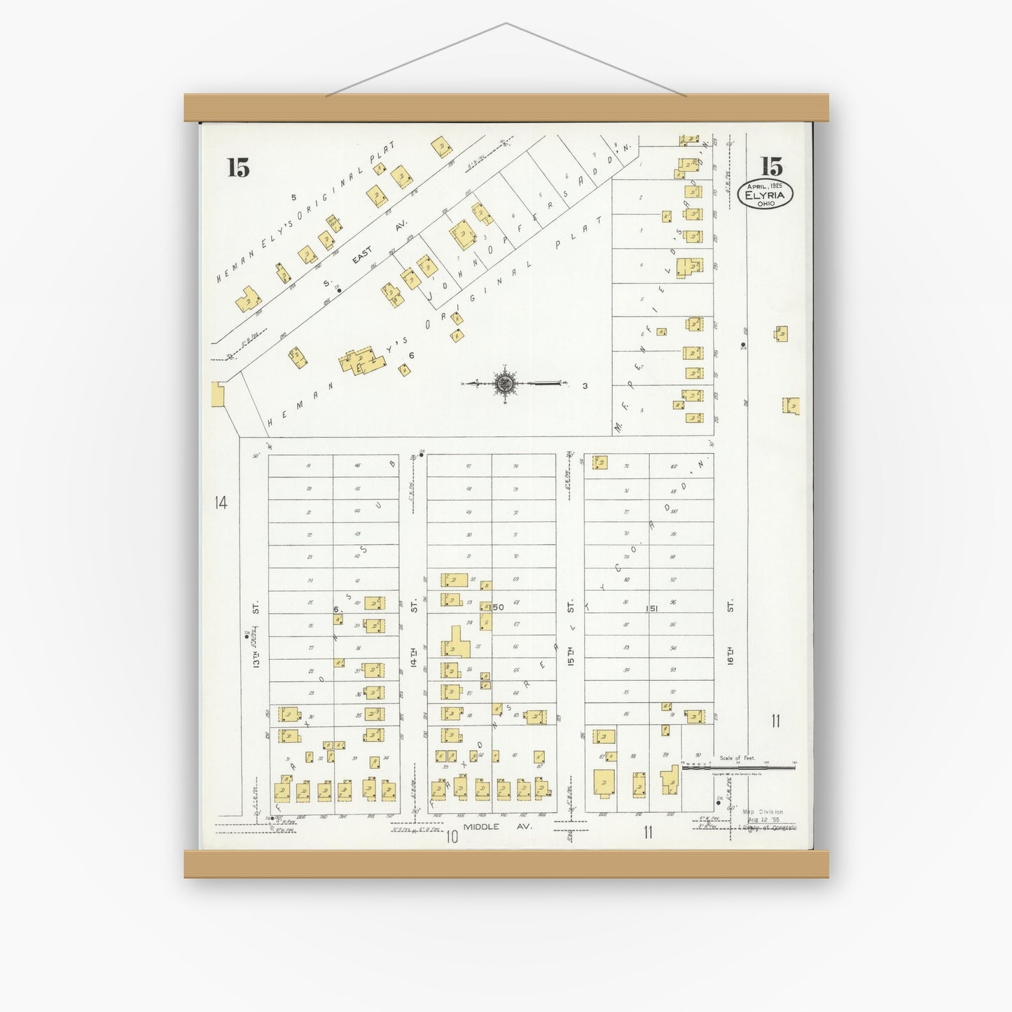 Old map wall art mockup — magnetic wood frame on white wall — Sanborn Fire Insurance Map from Elyria, Lorain County, Ohio (1925), Sheet #0015