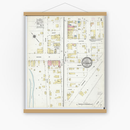 Old map wall art mockup — magnetic wood frame on white wall — Sanborn Fire Insurance Map from Saint Charles, Saginaw County, Michigan (1910) - Complete Map Set