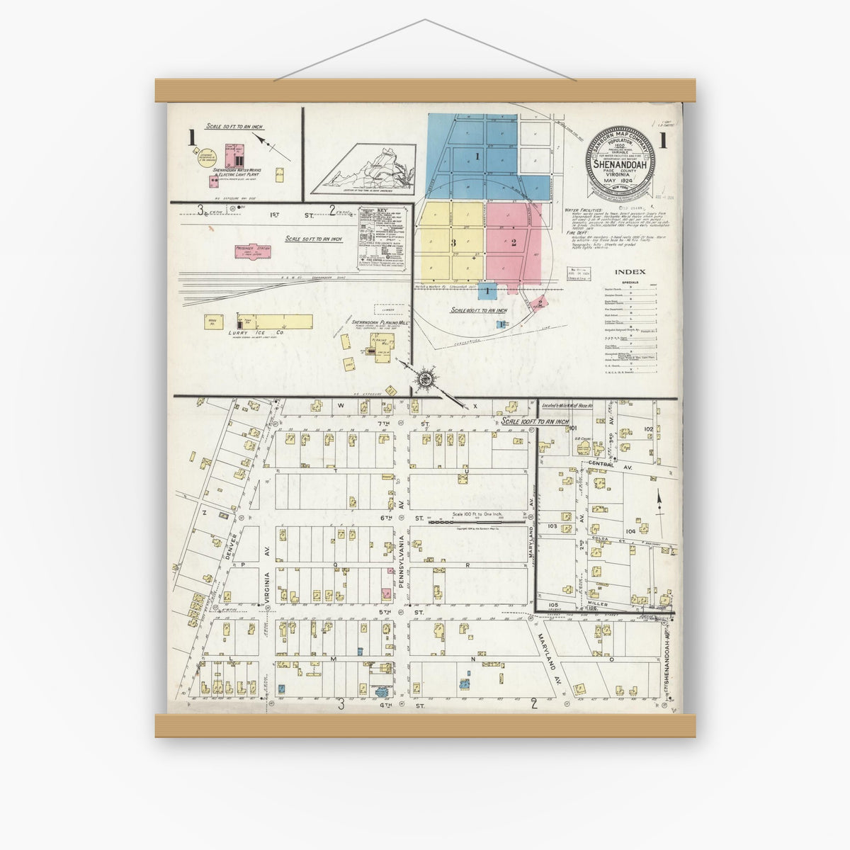 Old map wall art mockup — magnetic wood frame on white wall — Sanborn Fire Insurance Map from Shenandoah, Page County, Virginia (1924) - Complete Map Set