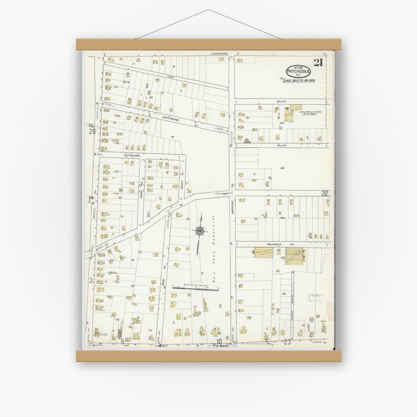 Old map wall art mockup — magnetic wood frame on white wall — Sanborn Fire Insurance Map from Patchogue, Suffolk County, New York (1916), Sheet #0021