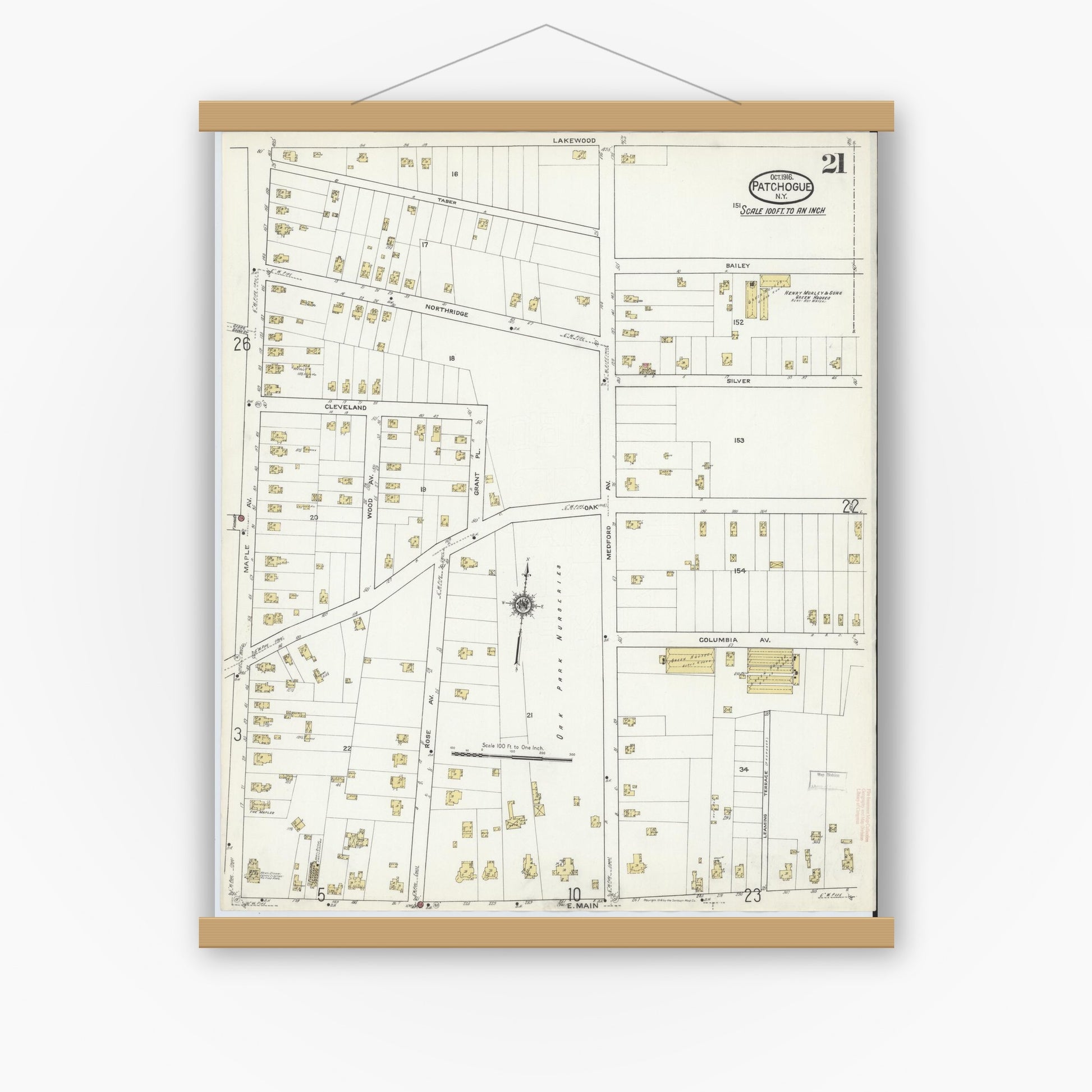 Old map wall art mockup — magnetic wood frame on white wall — Sanborn Fire Insurance Map from Patchogue, Suffolk County, New York (1916), Sheet #0021