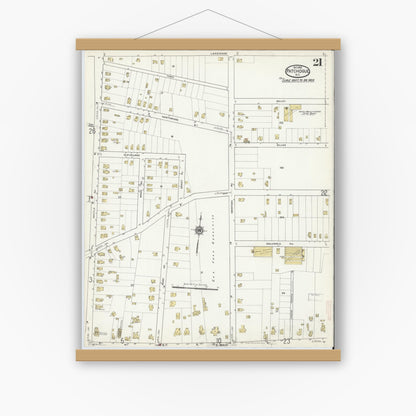 Old map wall art mockup — magnetic wood frame on white wall — Sanborn Fire Insurance Map from Patchogue, Suffolk County, New York (1916), Sheet #0021