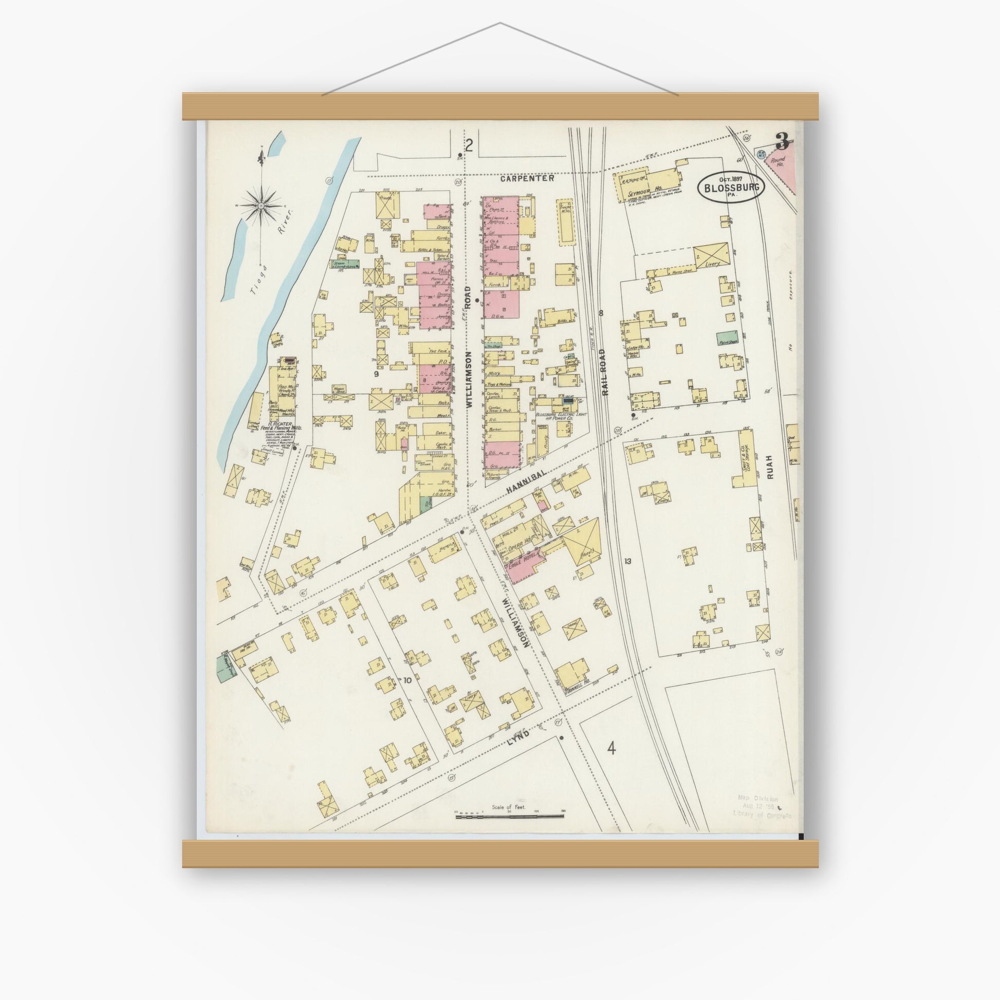 Old map wall art mockup — magnetic wood frame on white wall — Sanborn Fire Insurance Map from Blossburg, Tioga County, Pennsylvania (1897), Sheet #0003