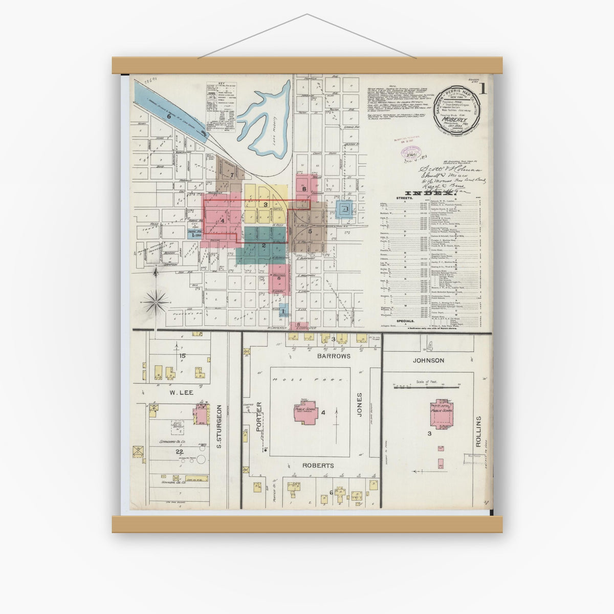 Old map wall art mockup — magnetic wood frame on white wall — Sanborn Fire Insurance Map from Moberly, Randolph County, Missouri (1893), Sheet #0001